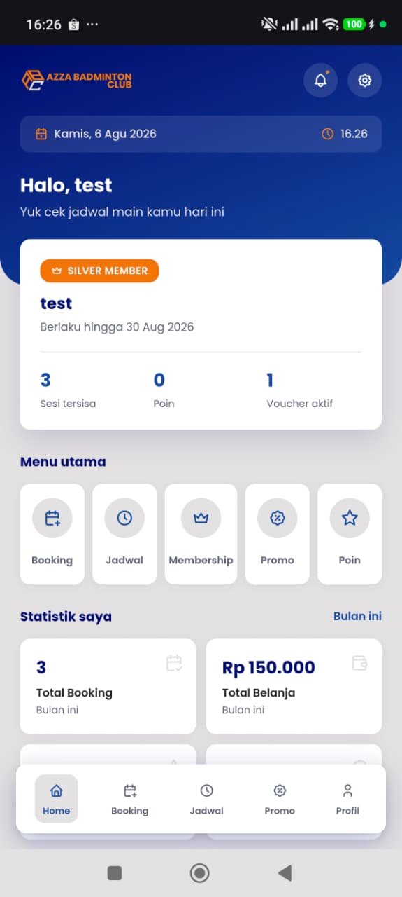 Tampilan Home aplikasi Azza Badminton Club