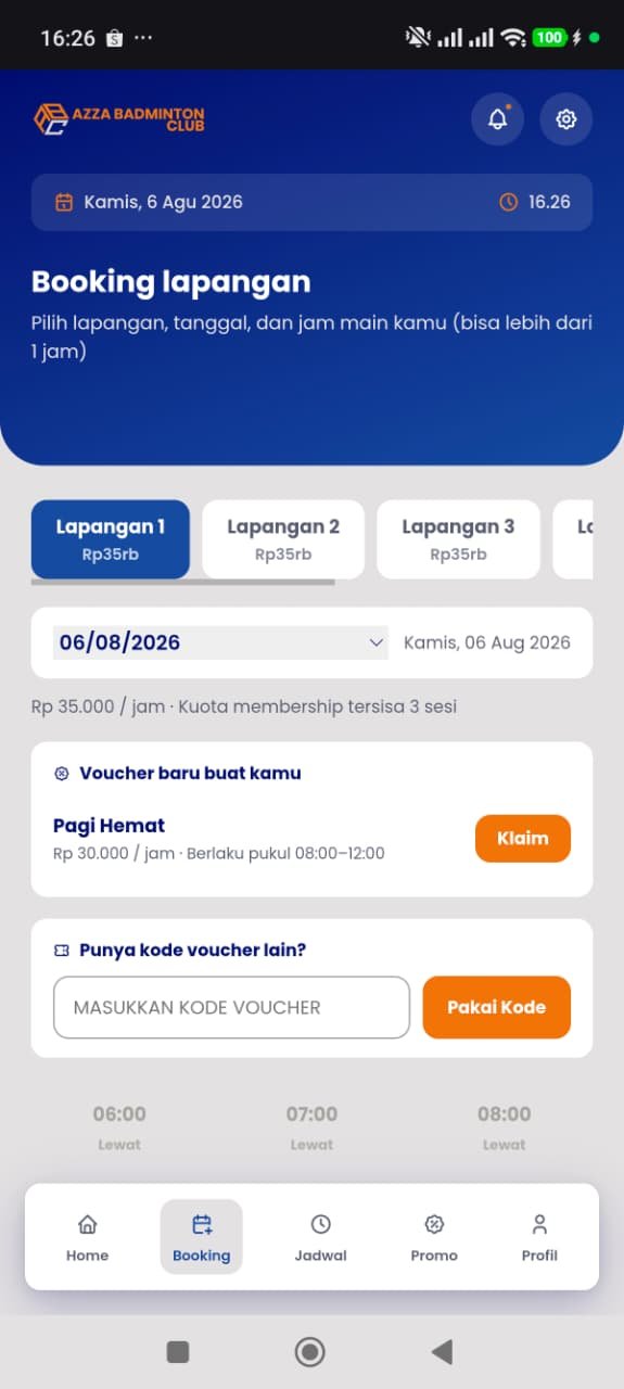 Tampilan Booking lapangan aplikasi Azza Badminton Club