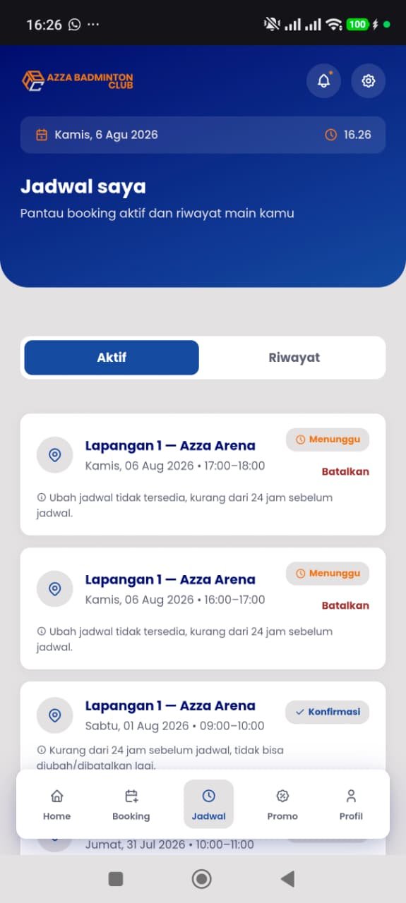 Tampilan Jadwal saya aplikasi Azza Badminton Club