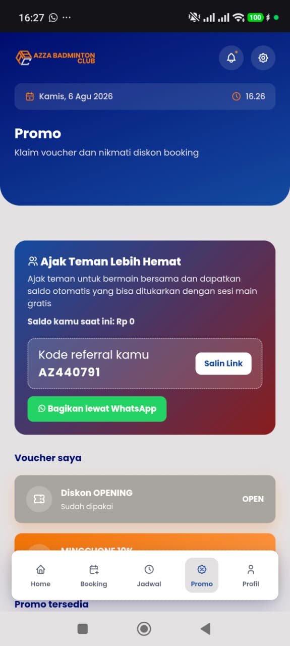 Tampilan Promo aplikasi Azza Badminton Club